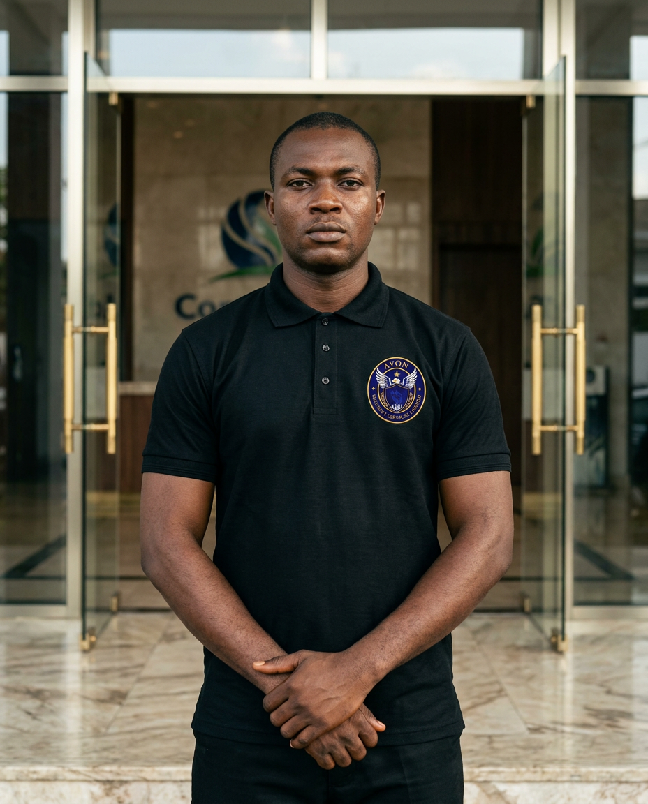 Avon officer on post at corporate entrance wearing branded uniform with company badge