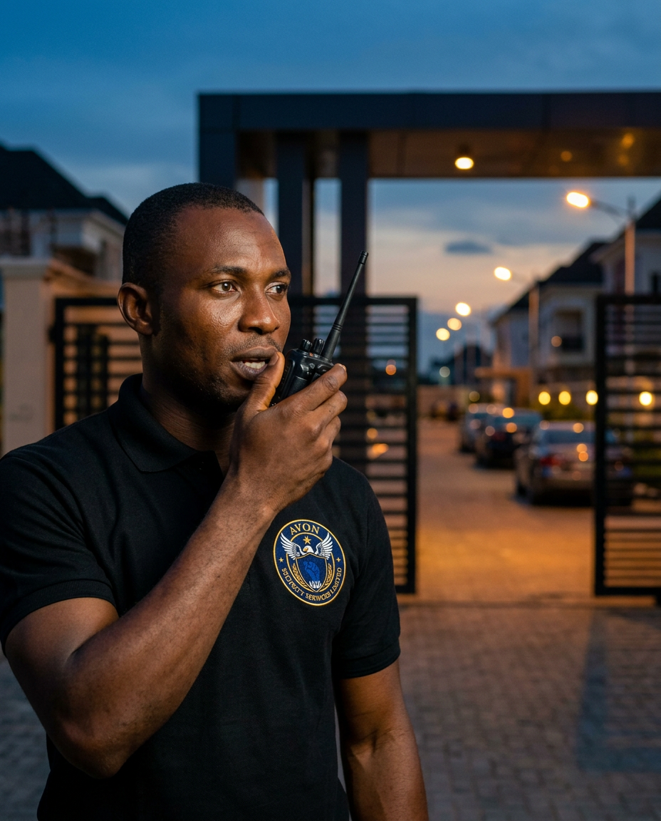 Avon officer on radio patrol wearing branded uniform with company badge