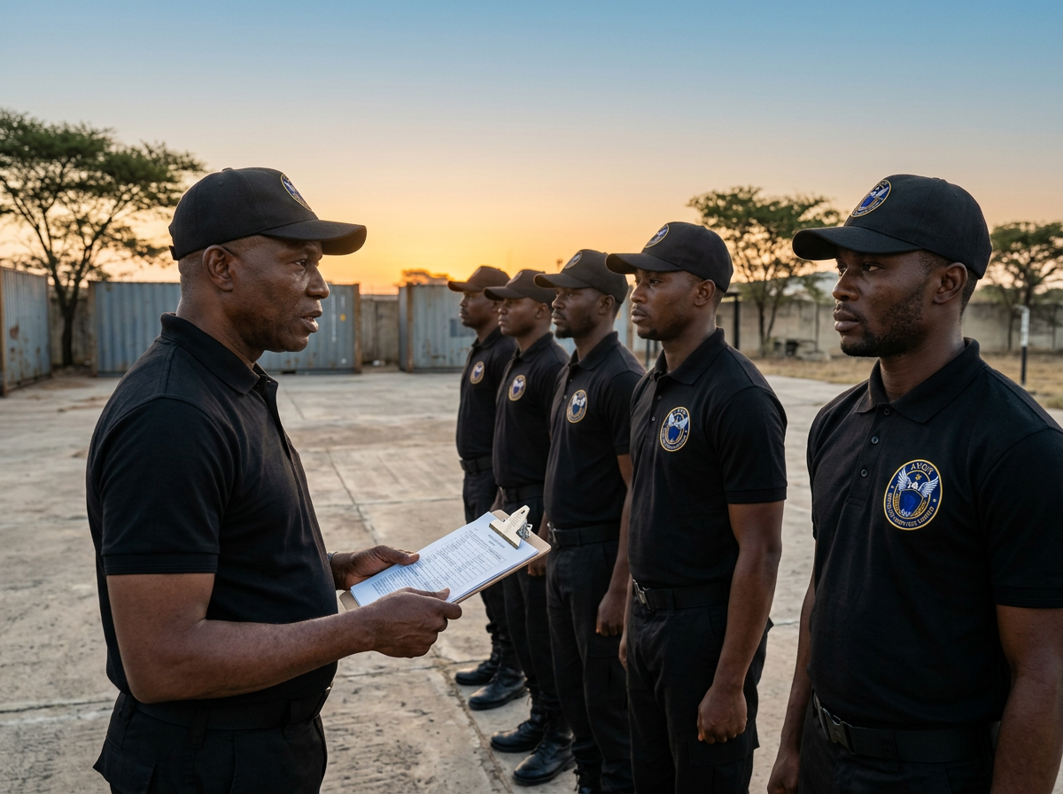 Avon supervisor giving shift briefing to officers in branded uniforms with company badge